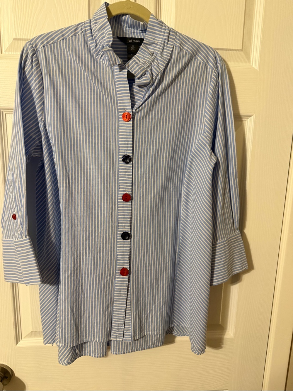 Ali Miles Blue and White Striped Cotton Button-Up Top with Mixed Buttons